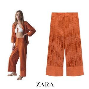 ZARA Women | Burnt Orange | TOPSTITCHED EMBROIDERED PANTS XS NWOT